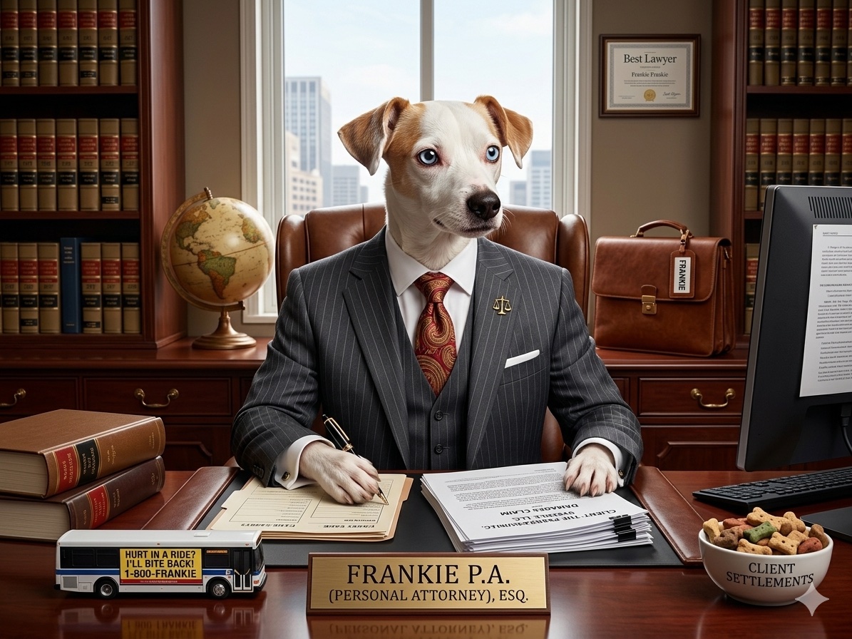 Frankie P.A. at his desk in a charcoal pinstripe suit reviewing case documents, with a toy bus reading 'Hurt in a ride? I'll bite back!' and a bowl labeled 'Client Settlements'