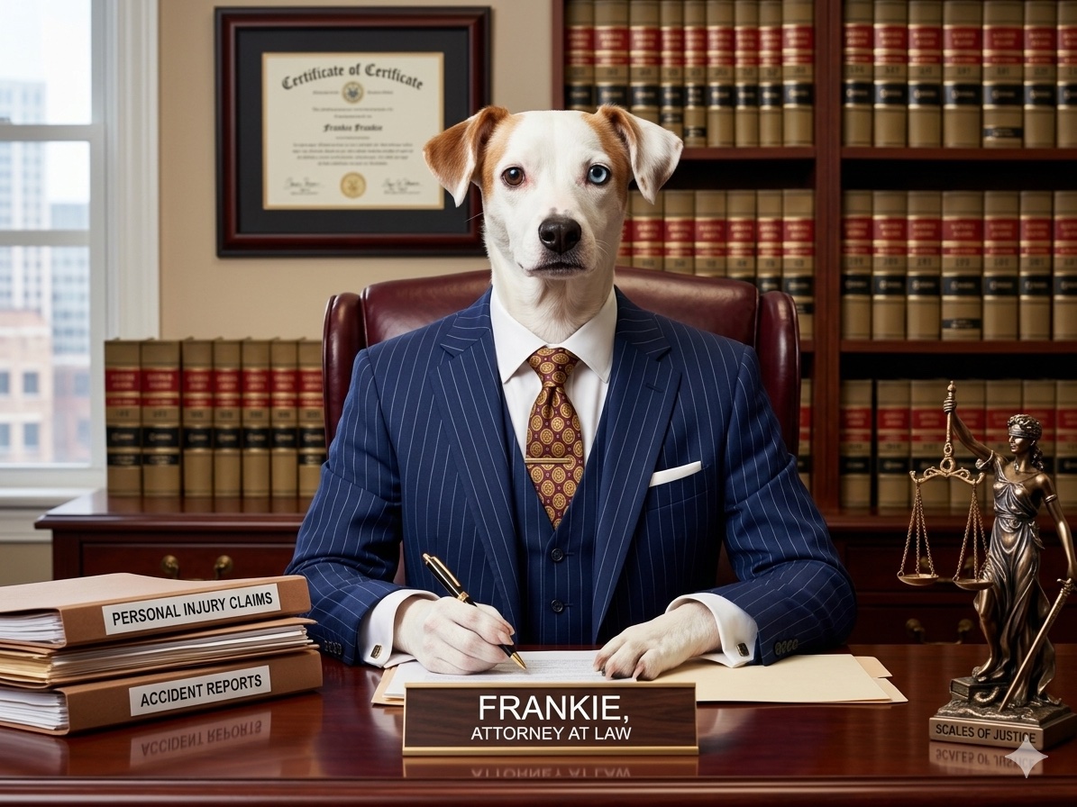 Frankie in a navy pinstripe suit reviewing Personal Injury Claims and Accident Reports at his desk with the Scales of Justice beside him